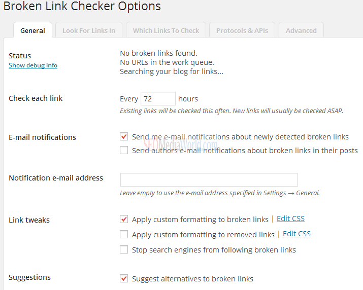 Broken Link Checker Options